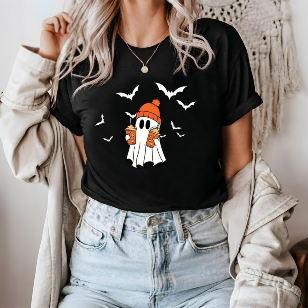 Cute Ghost Shirt Coffee Funny Spooky Season Tee Womens Fall Halloween Party